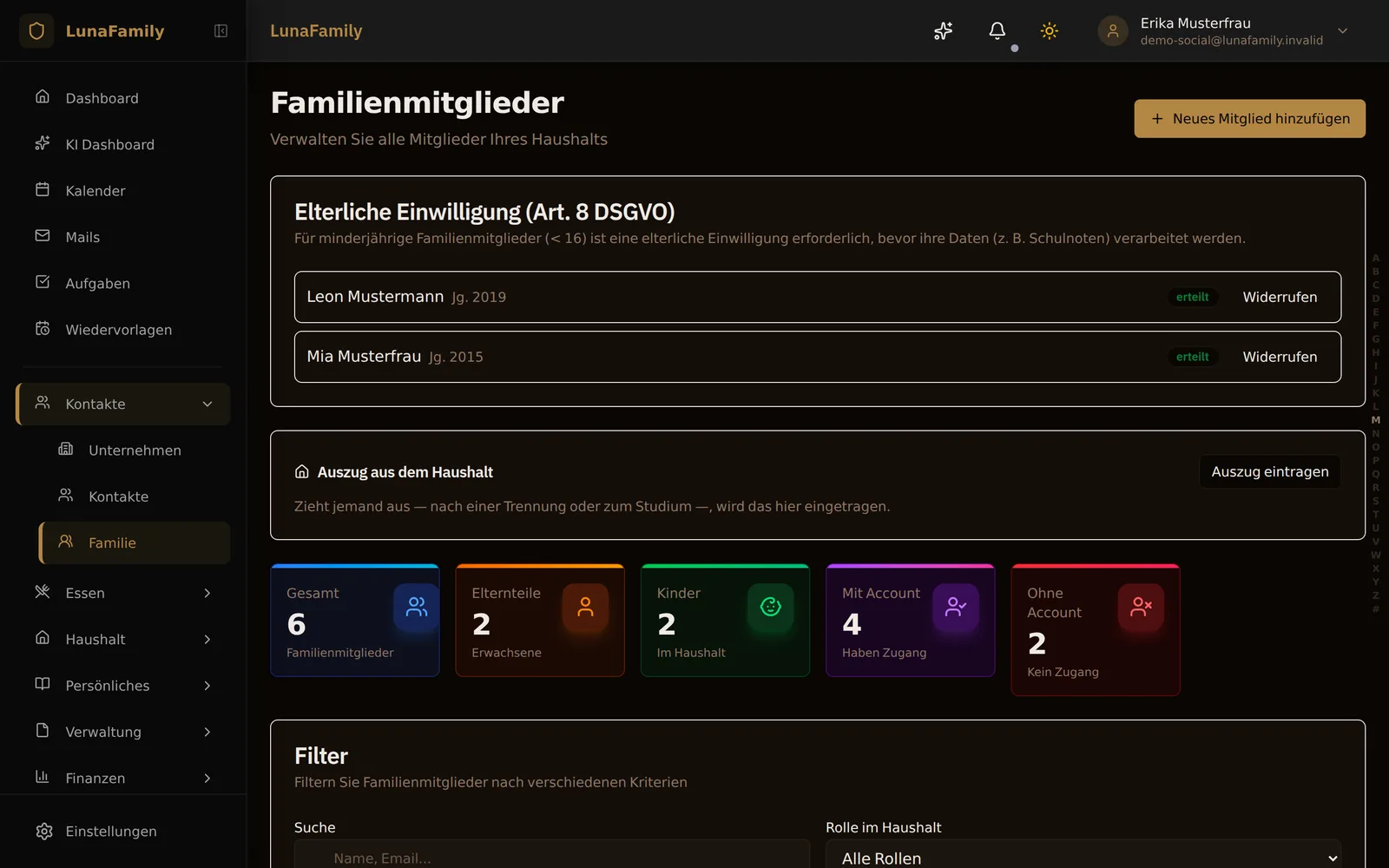Alle Familienmitglieder mit eigenen Profilen