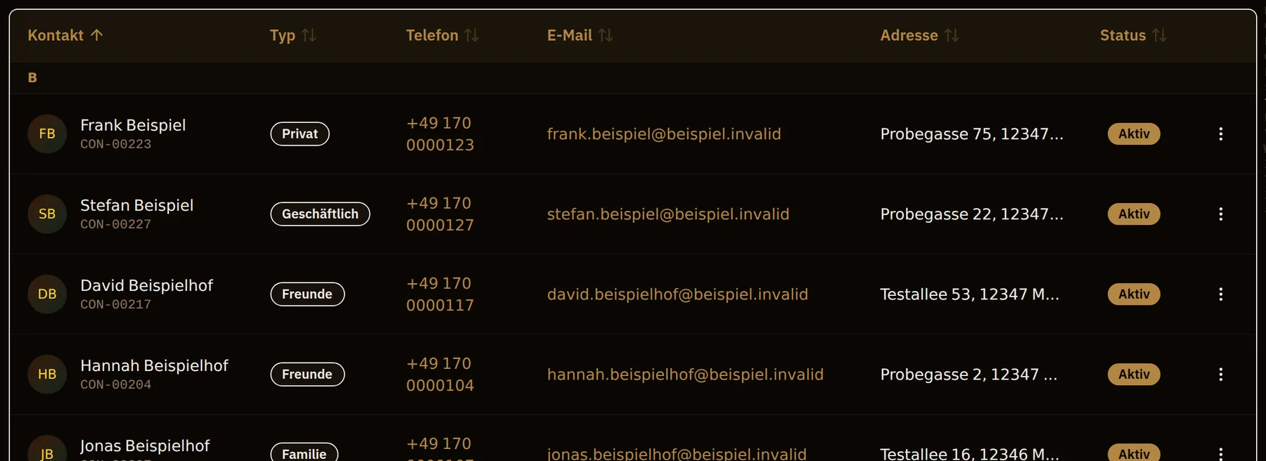 Kontakte mit Typ, Telefon, E-Mail und Adresse