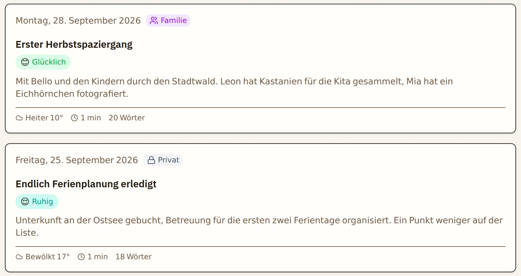 Einträge mit Stimmung, Wetter und Sichtbarkeit
