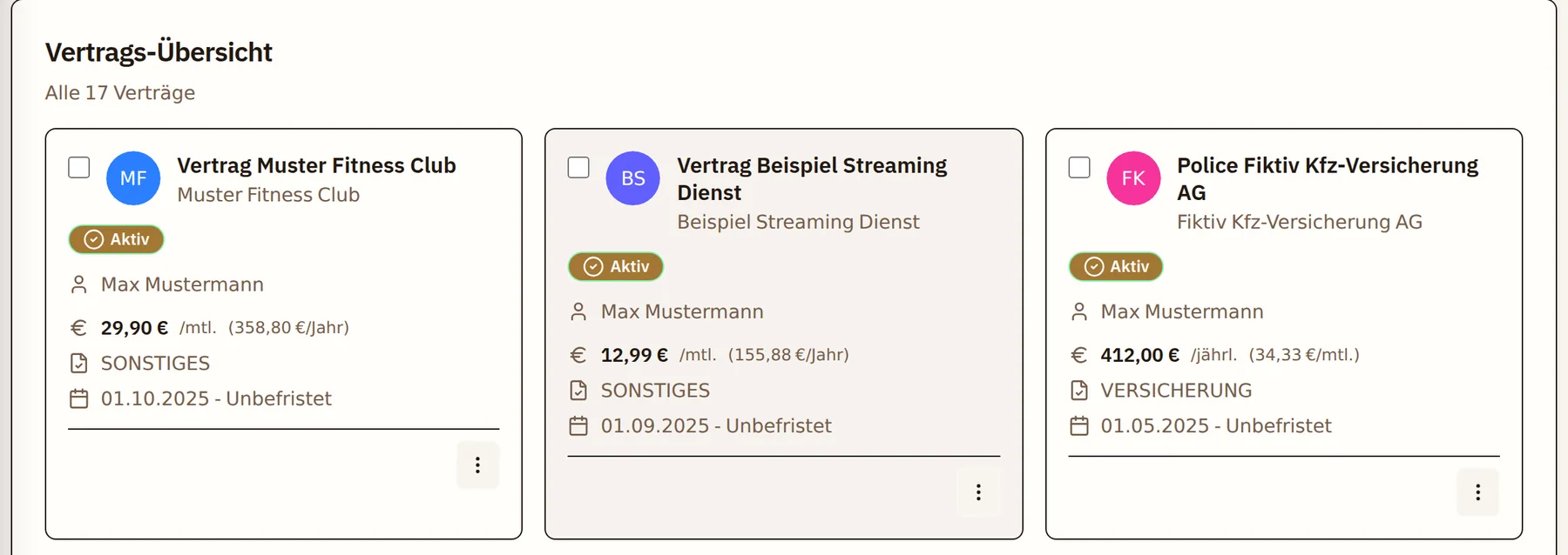 Jeder Vertrag mit Kosten, Laufzeit und Ansprechpartner